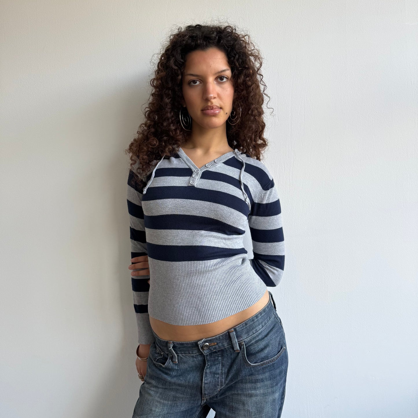 Navy and grey striped hoodie - Size S