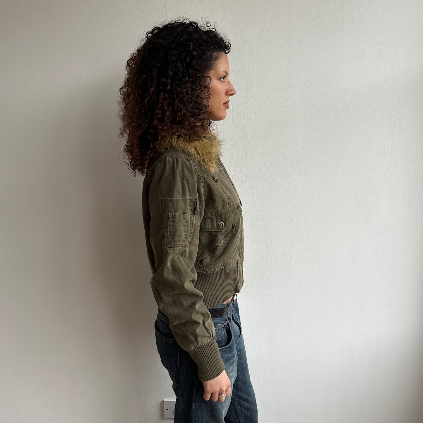 Khaki faux fur collar bomber - Size M