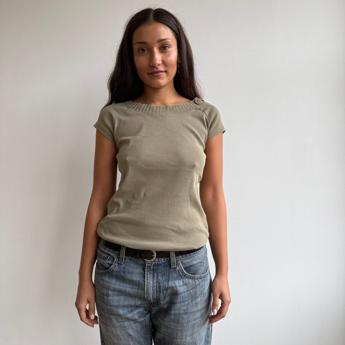 Khaki short sleeve button top - Size M