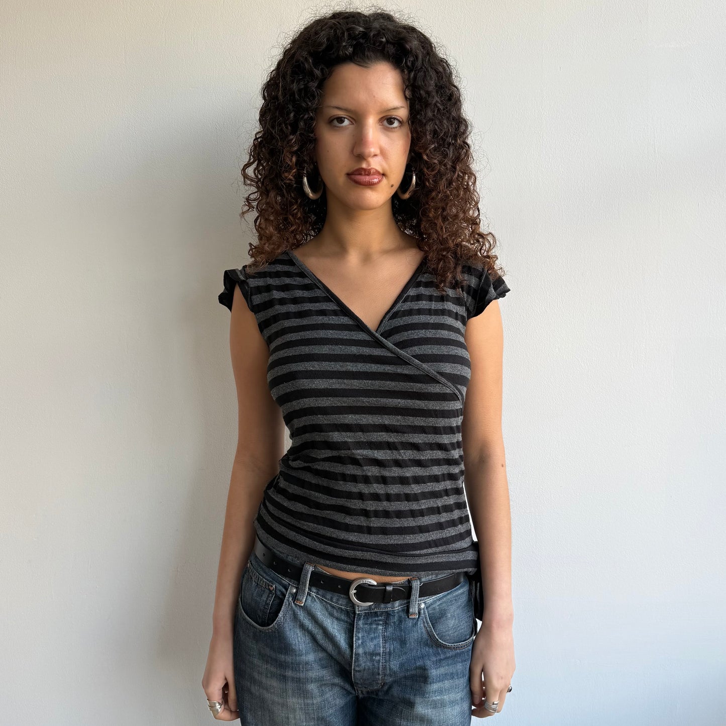 Black + grey striped wrap top - Size M/L
