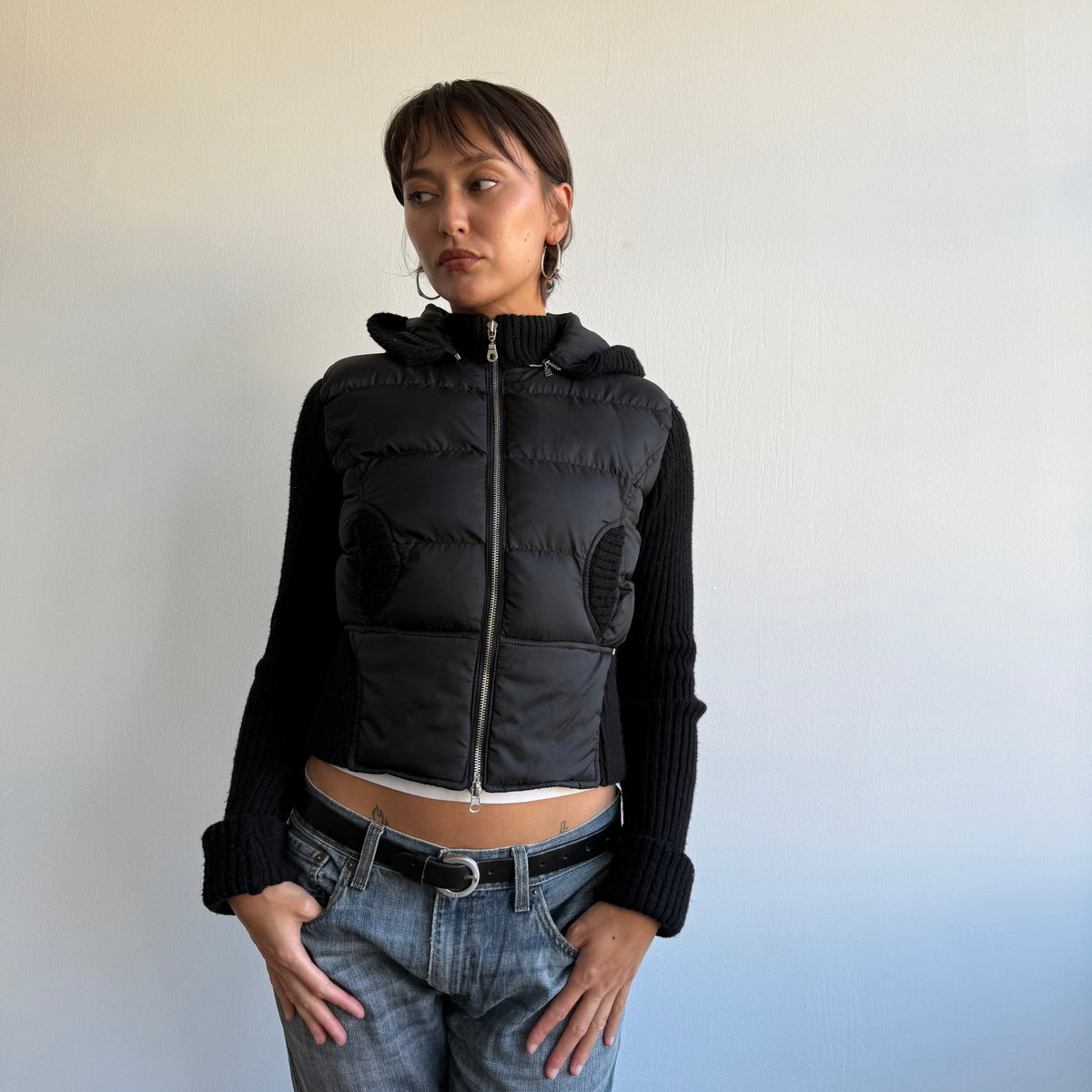 Black bi-material puffer coat - Size S