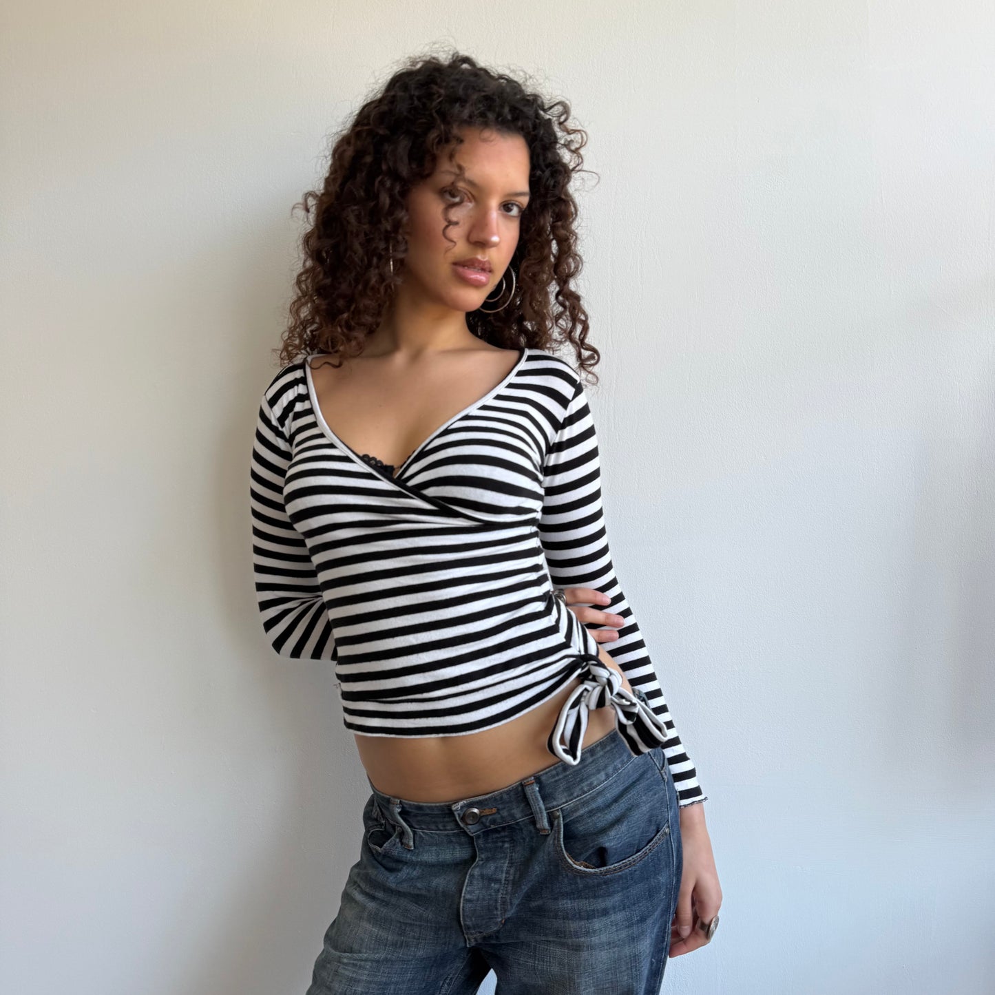Black + white striped long sleeve wrap top - Size S