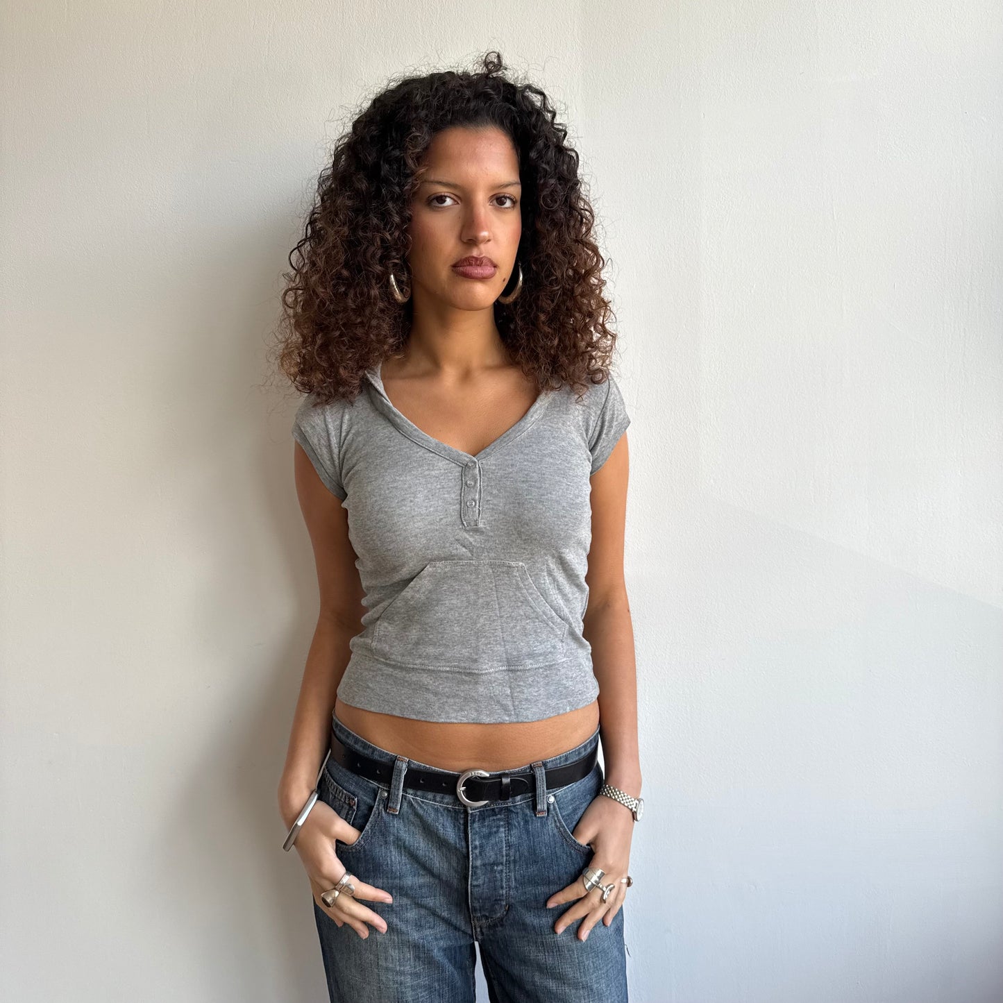 Grey short sleeve hooded top - Size XS