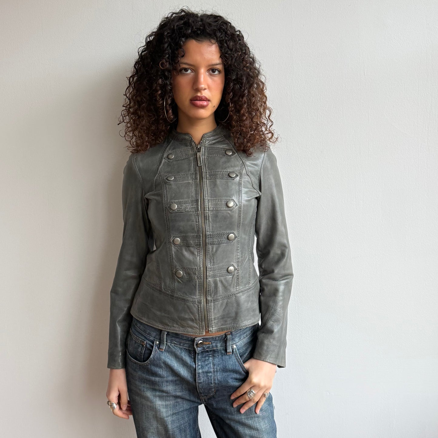 Grey leather military jacket - Size S