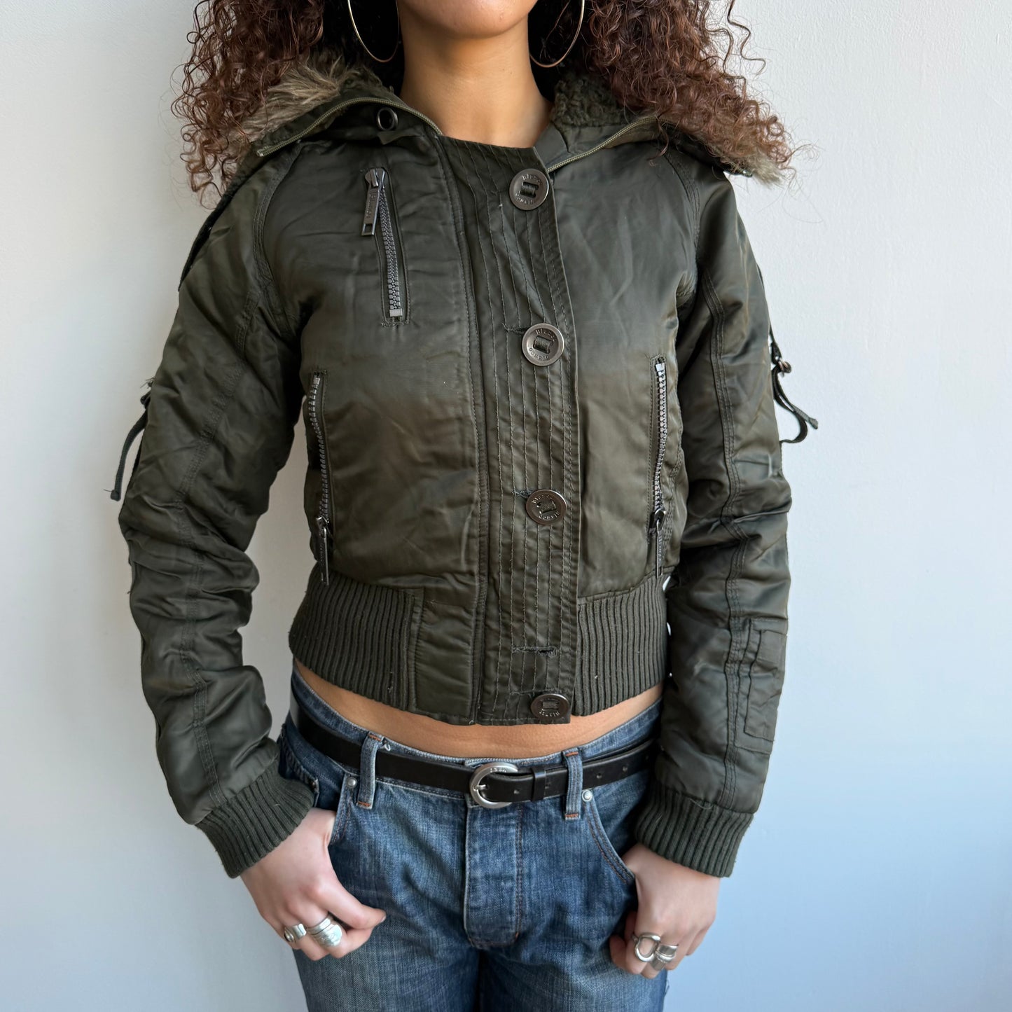Khaki faux fur hood bomber - Size S
