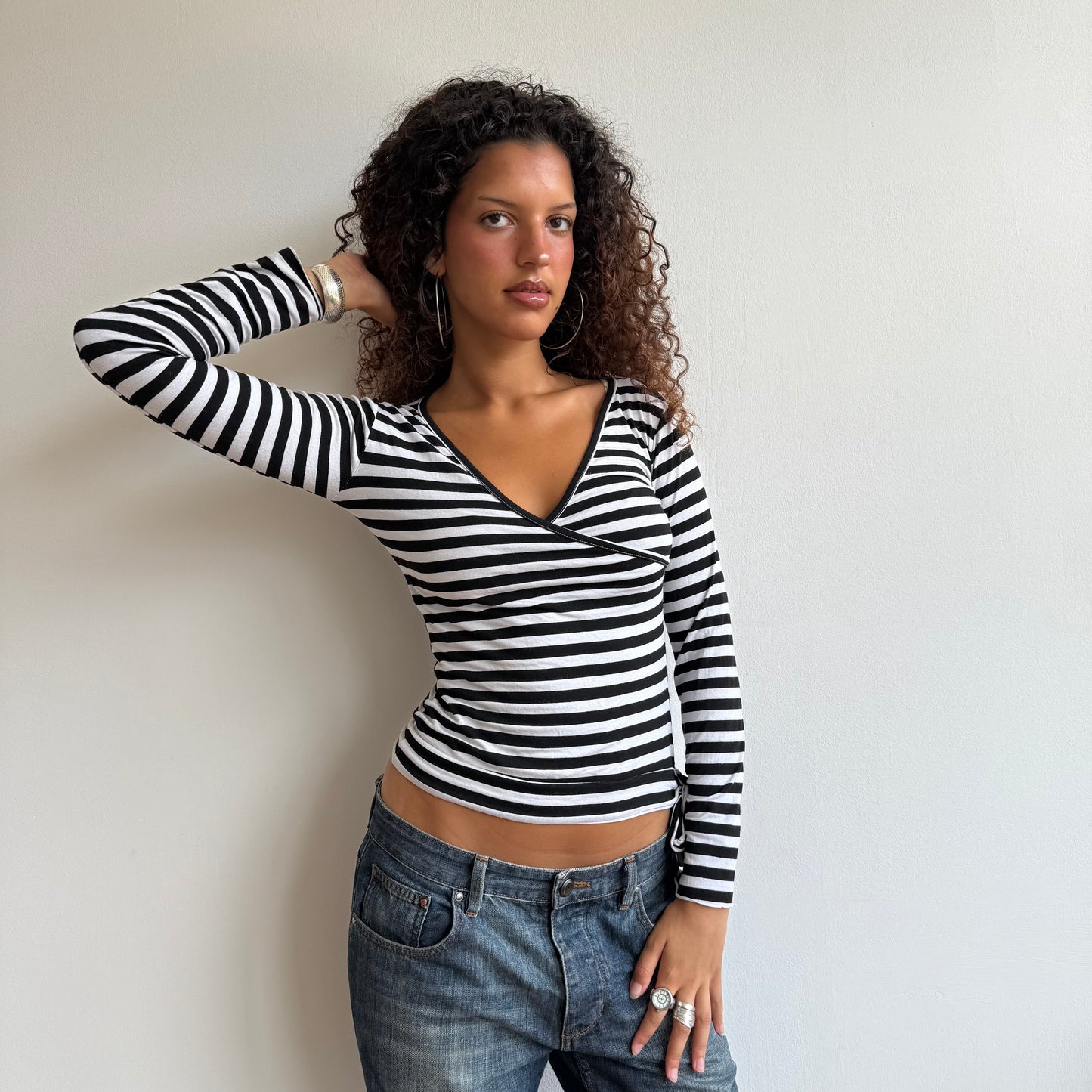 Black striped long sleeve wrap top - Size M