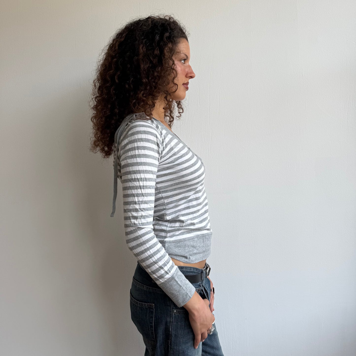 Grey stripe hooded top - Size S