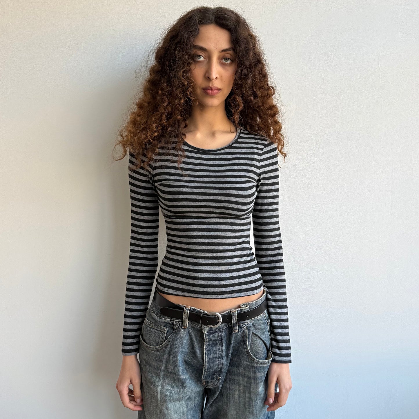 Black + grey striped long sleeve top - Size XS