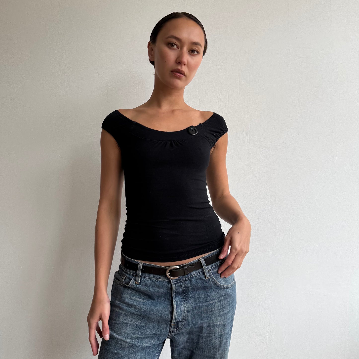 Black button bardot top - Size XS + S