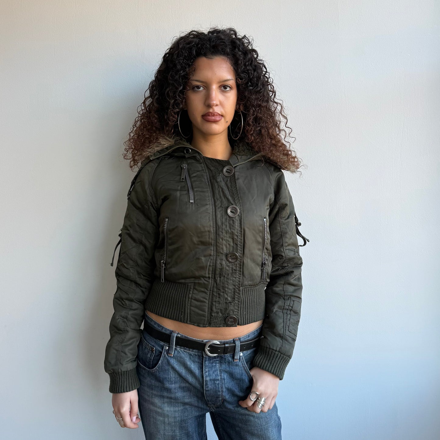 Khaki faux fur hood bomber - Size S