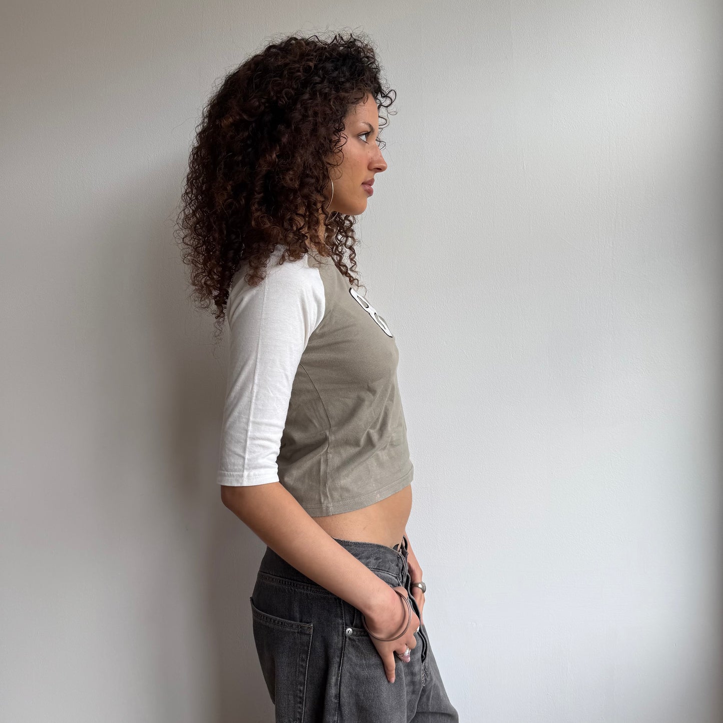 Khaki ‘8’ 3/4 sleeve top - Size S