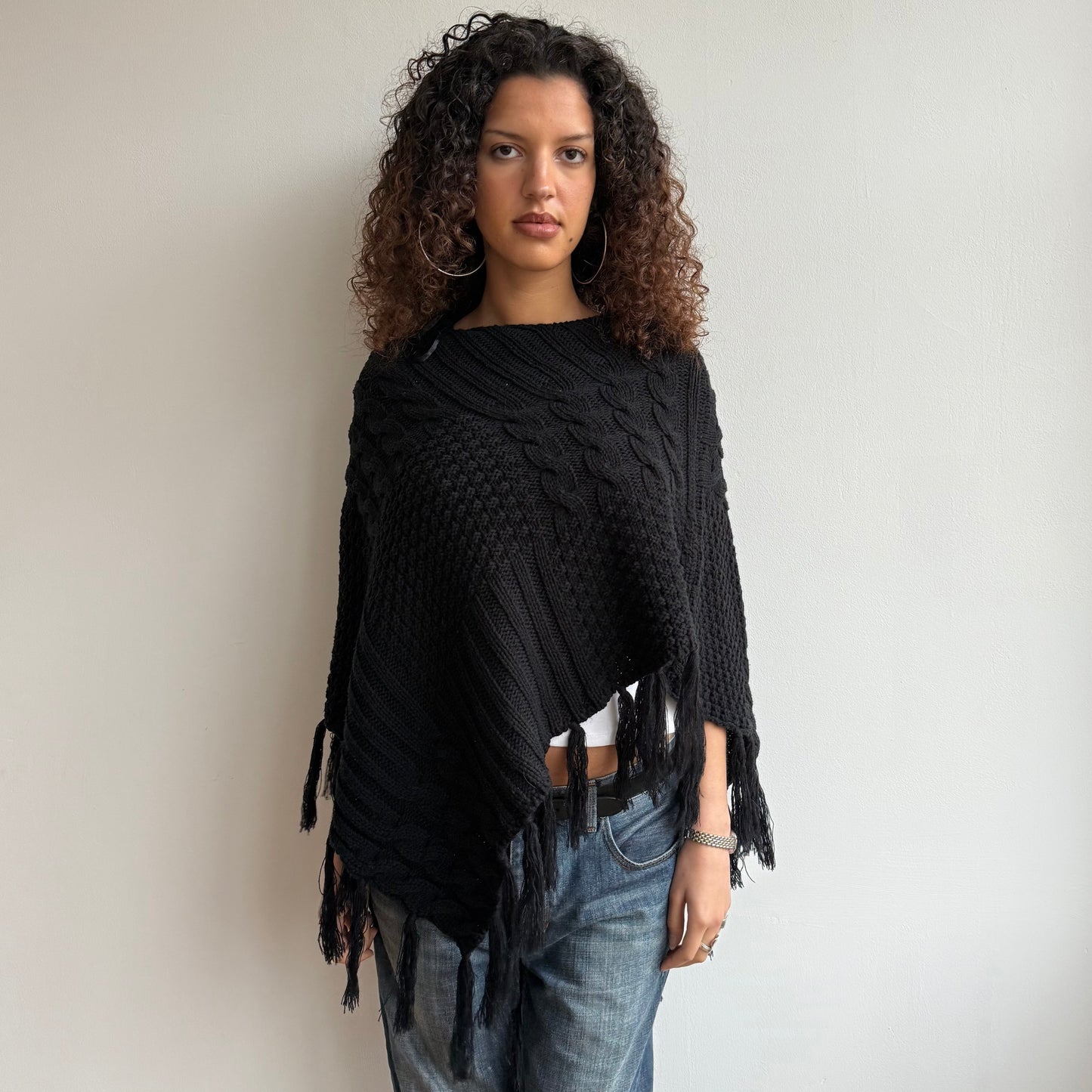 Black chunky knit tassel poncho - One Size