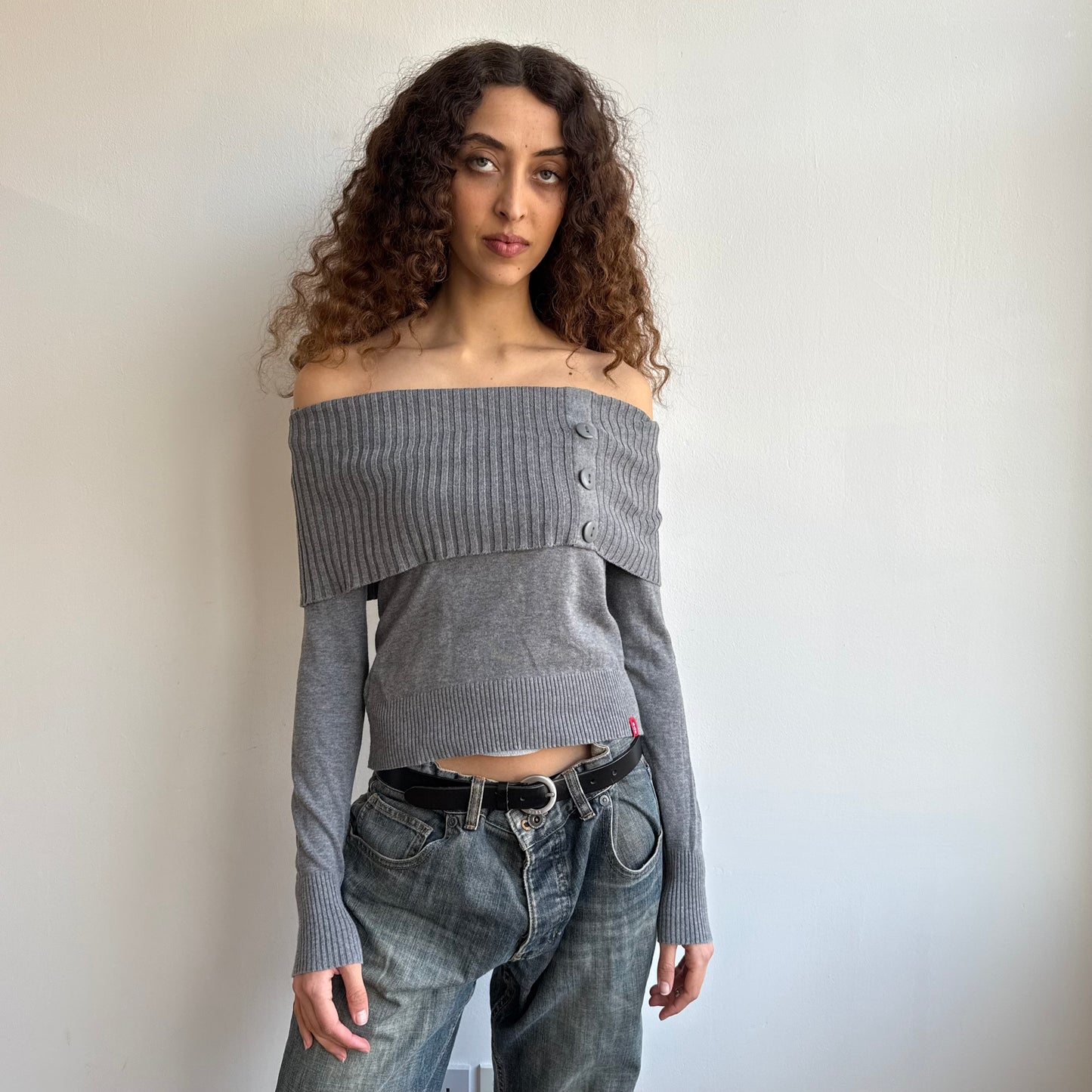 Grey bardot button knit jumper - Size S