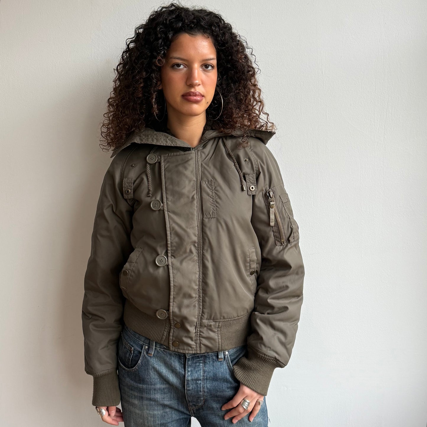 Khaki zip hood puffer bomber - Size M