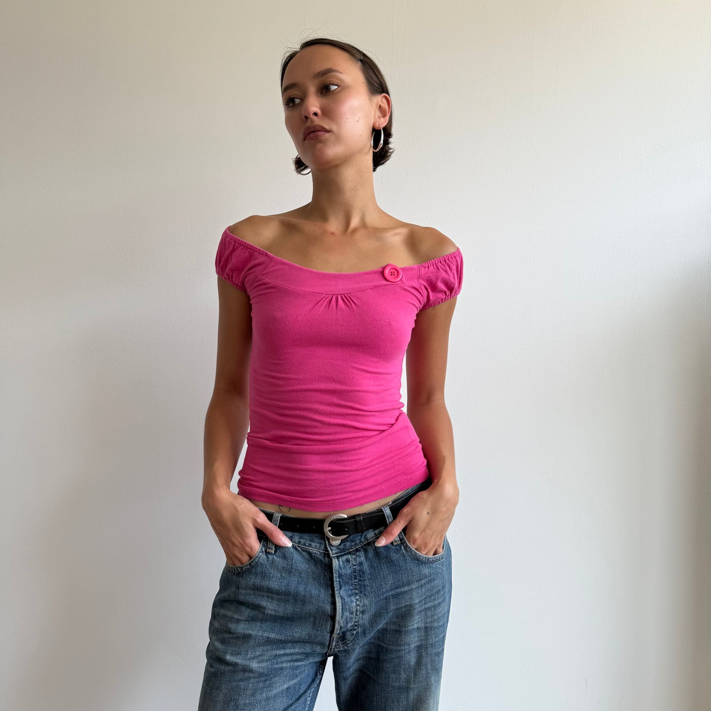 Hot pink button bardot top - Size S/M