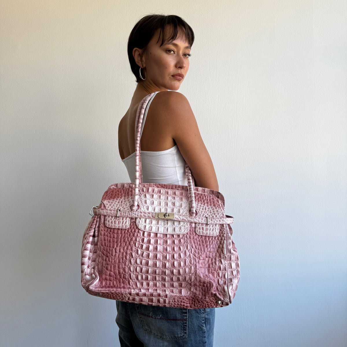 Pink snake leather firkin bag - One Size