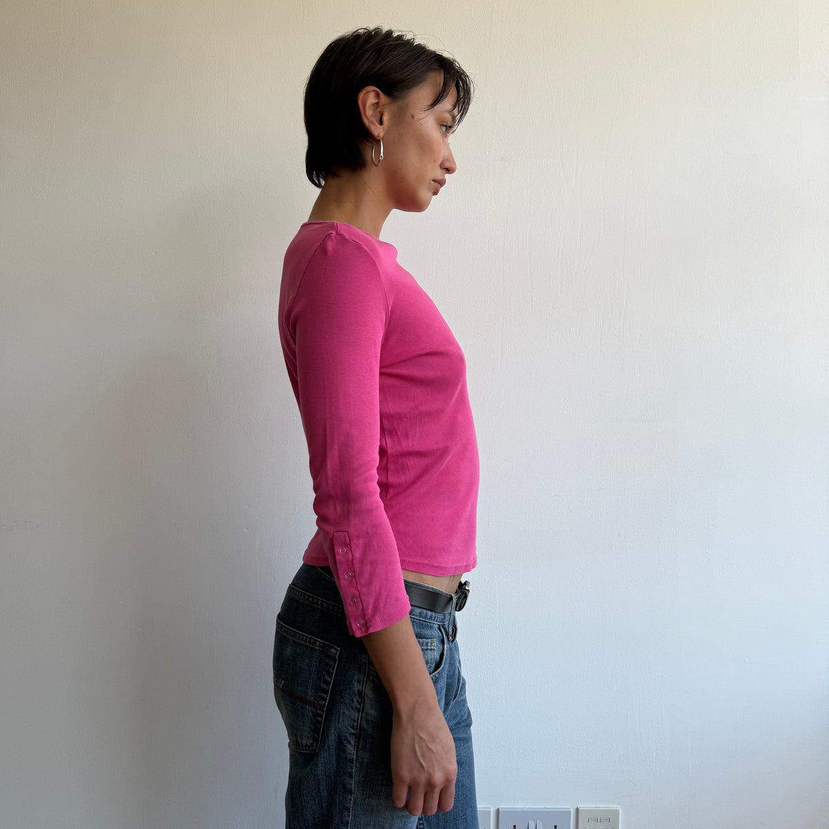 Hot pink 3/4 sleeve popper top - Size S