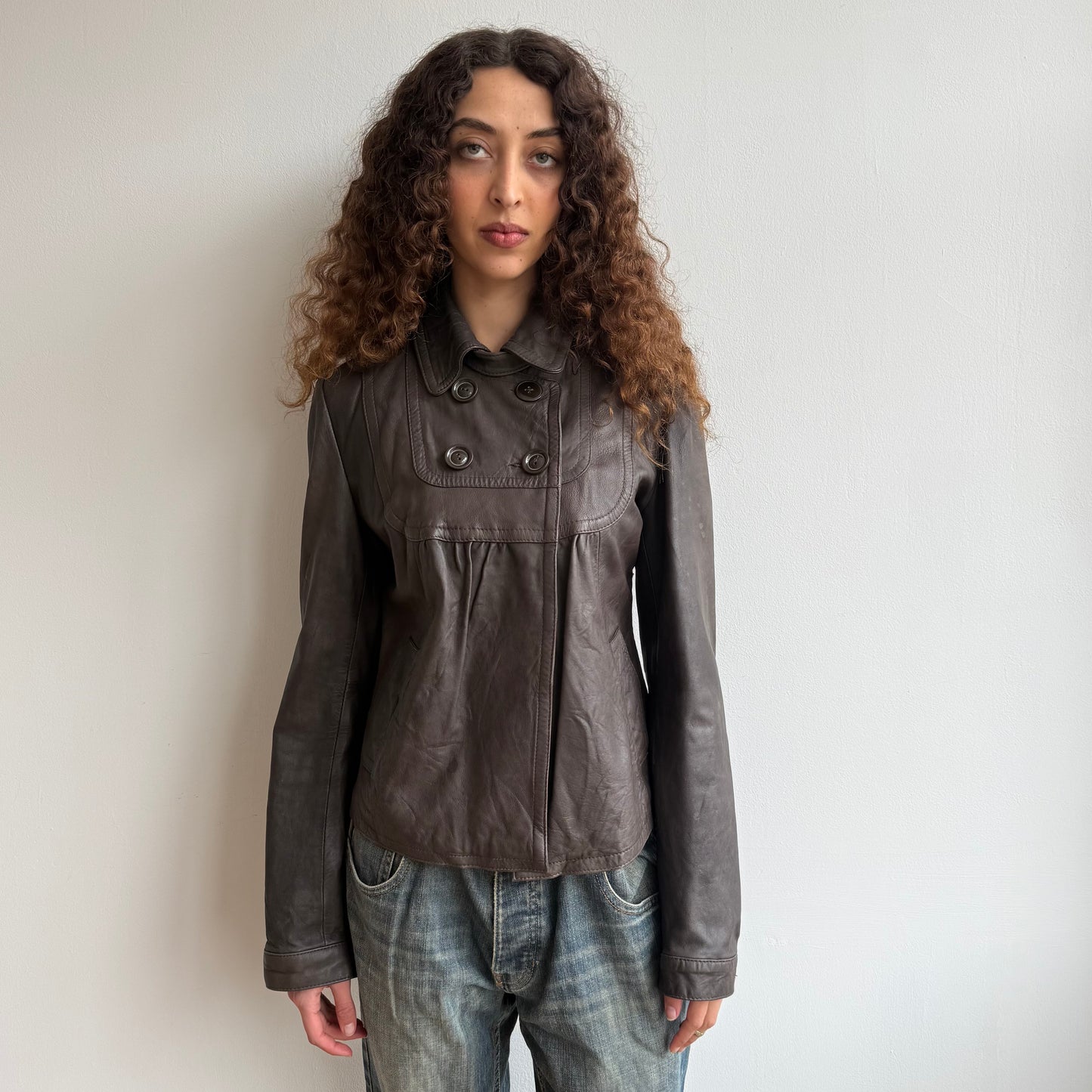 Brown leather peacoat - Size S/M