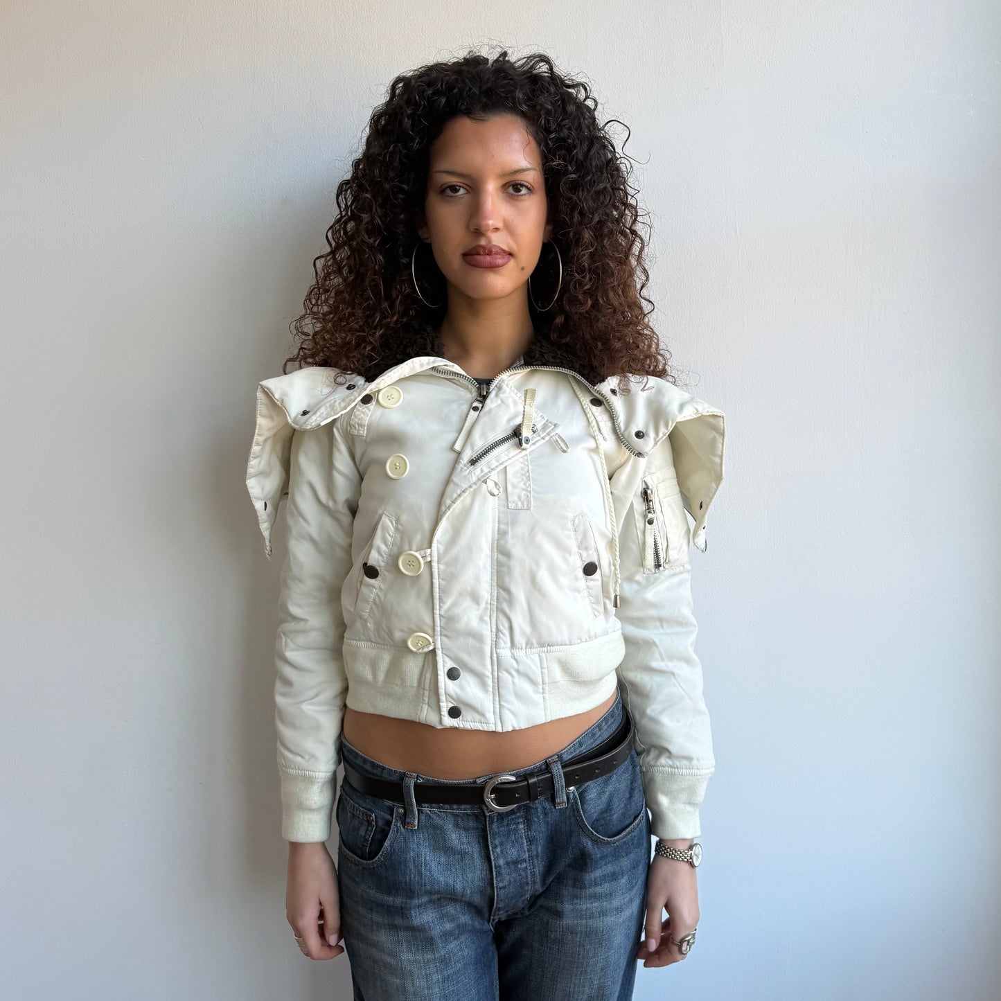 White fur hood cargo bomber - Size S