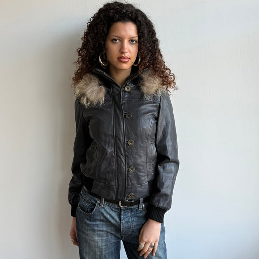 Black leather fur hood bomber - Size S/M