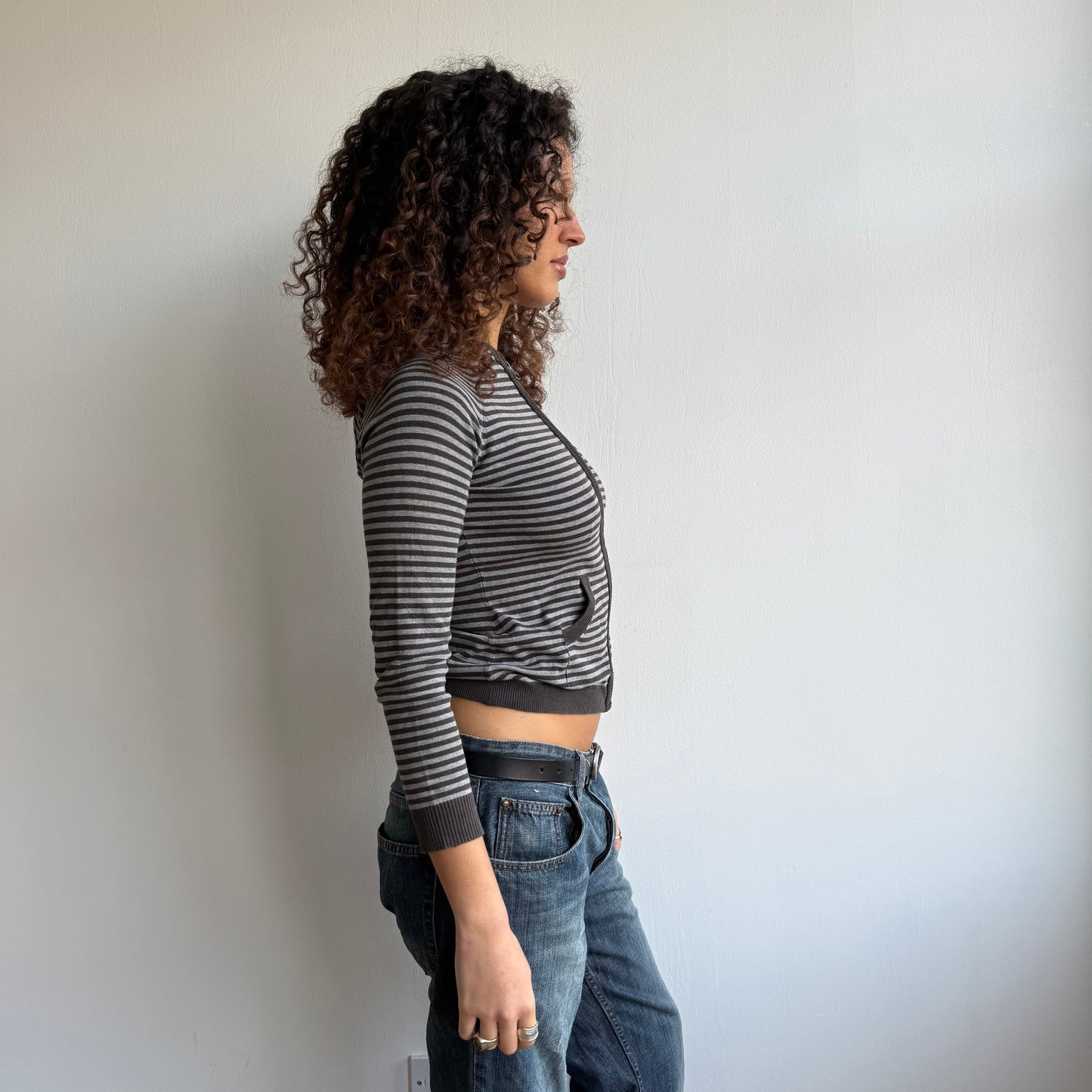 Brown + grey striped hoodie - Size XS/S