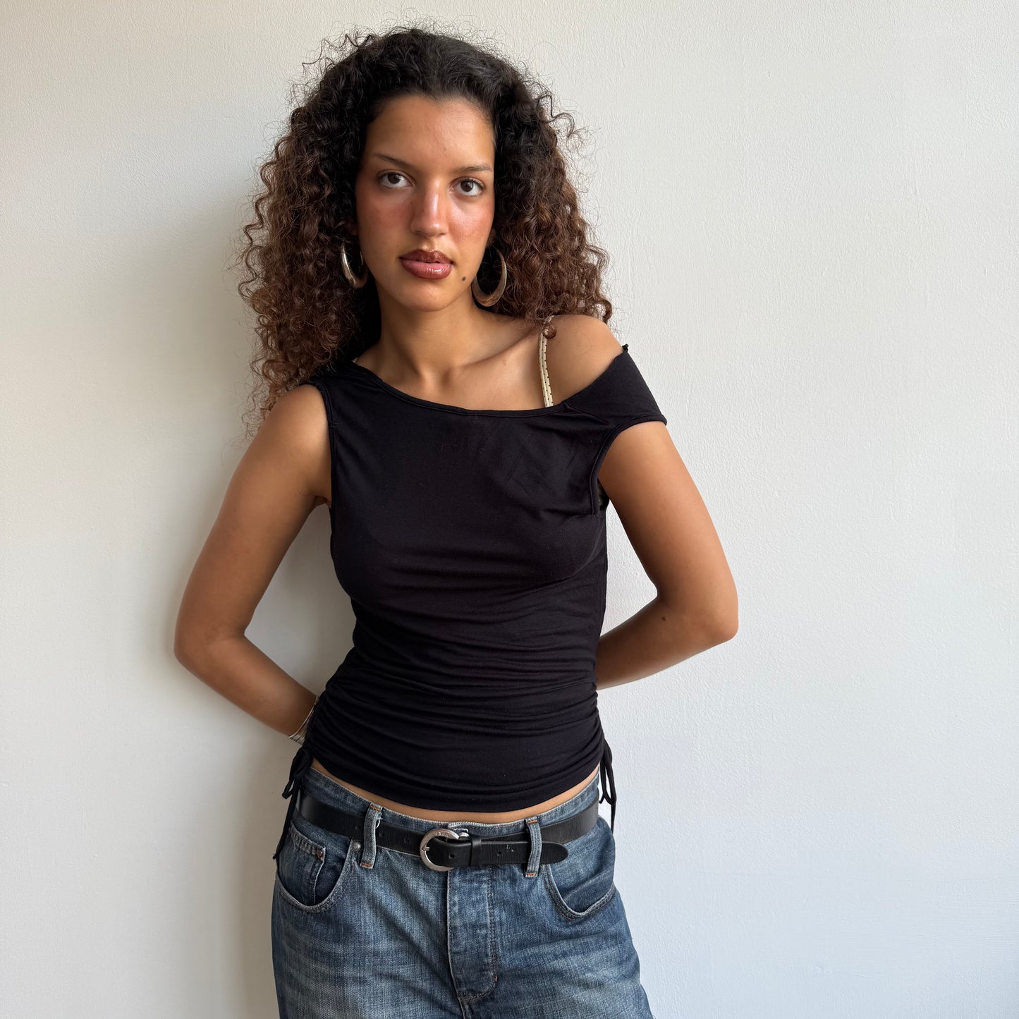 Black slouchy ruched top - Size S