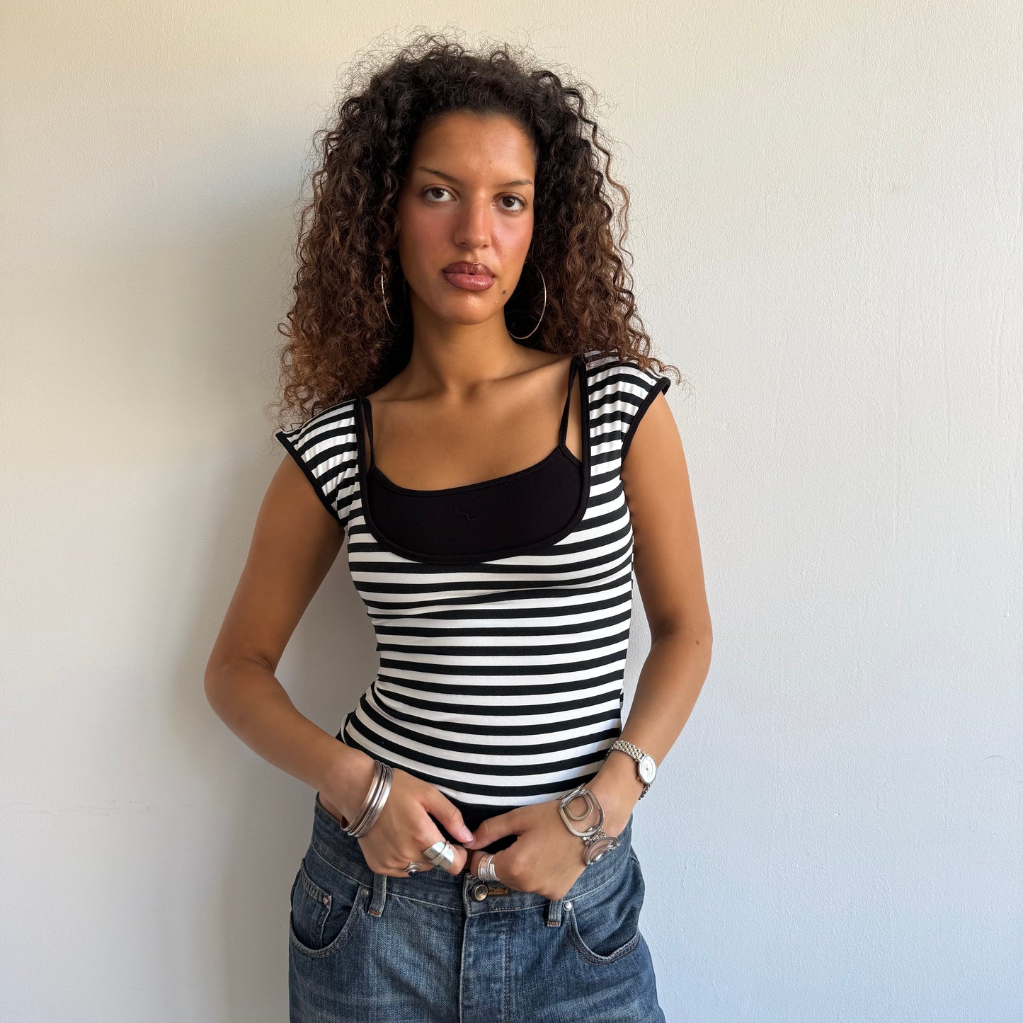 Black + white striped bardot top - Size S