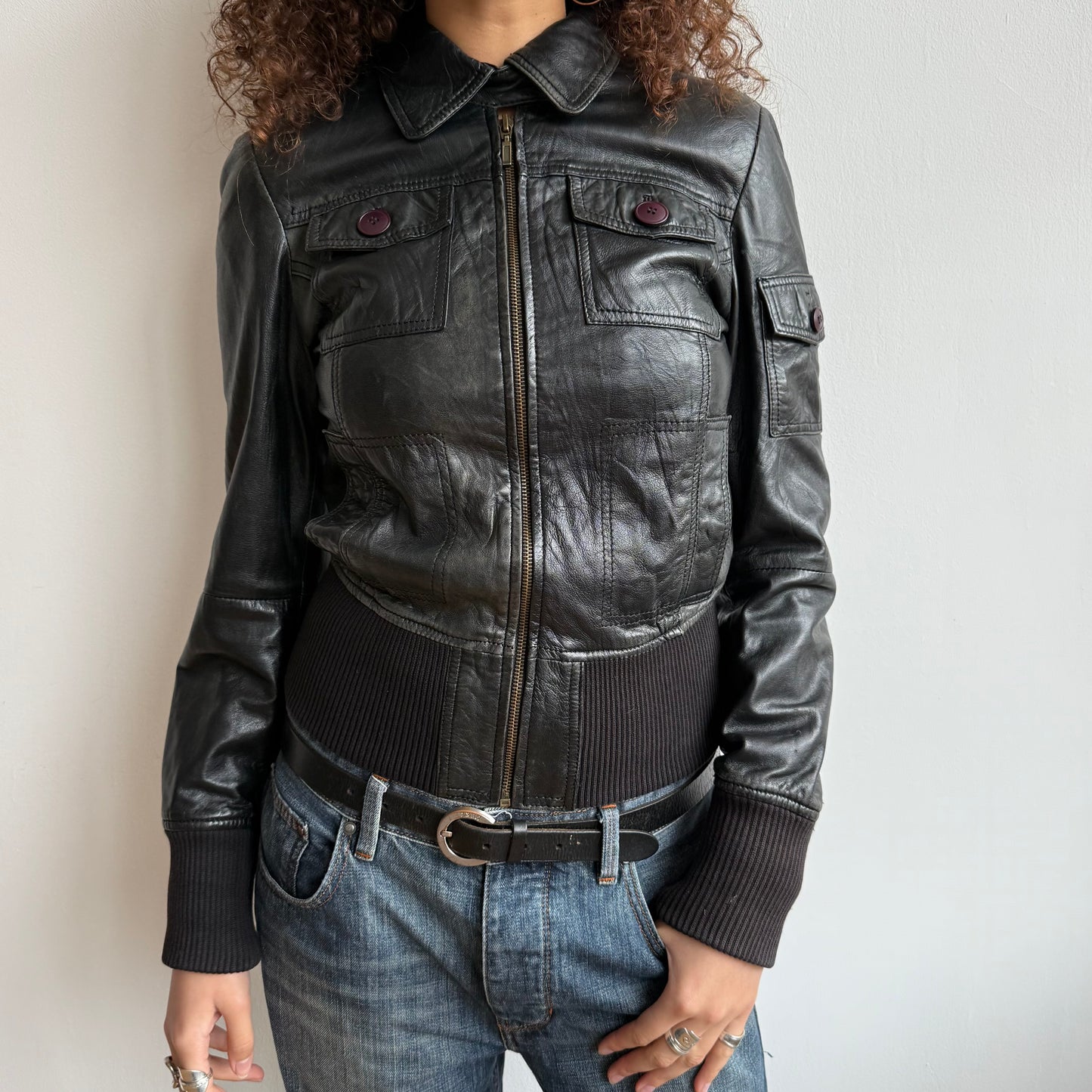 Black leather bomber jacket - Size S/M