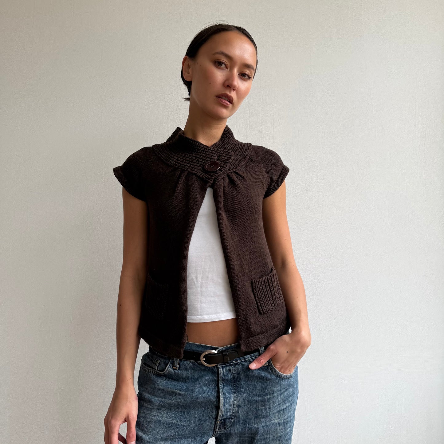 Brown button open front knit - Size S