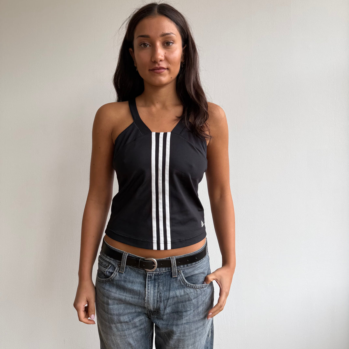 Black Adidas 3 stripe top - Size S-M