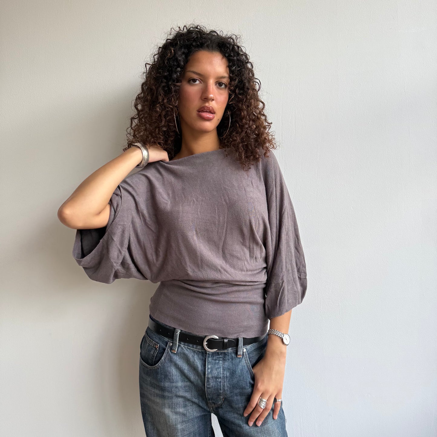 Taupe short sleeve grey button knit - Size M