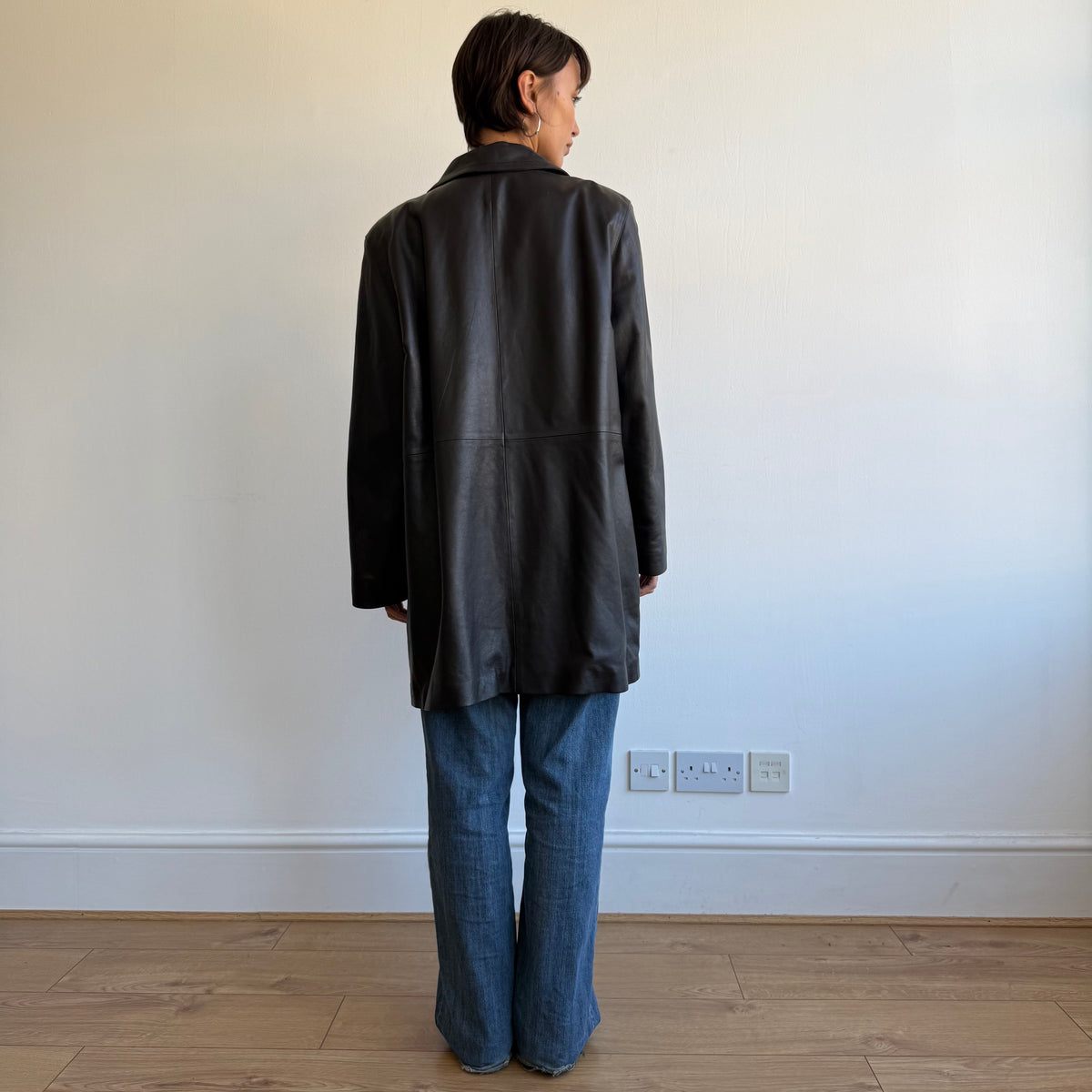 Brown leather mid length coat - Size L
