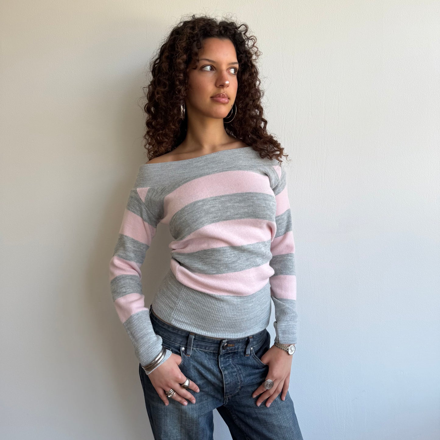 Pink + grey striped bardot knit - Size S/M