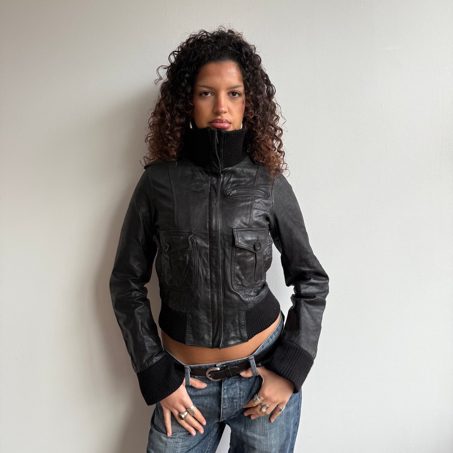 Black leather cargo jacket - Size S/M