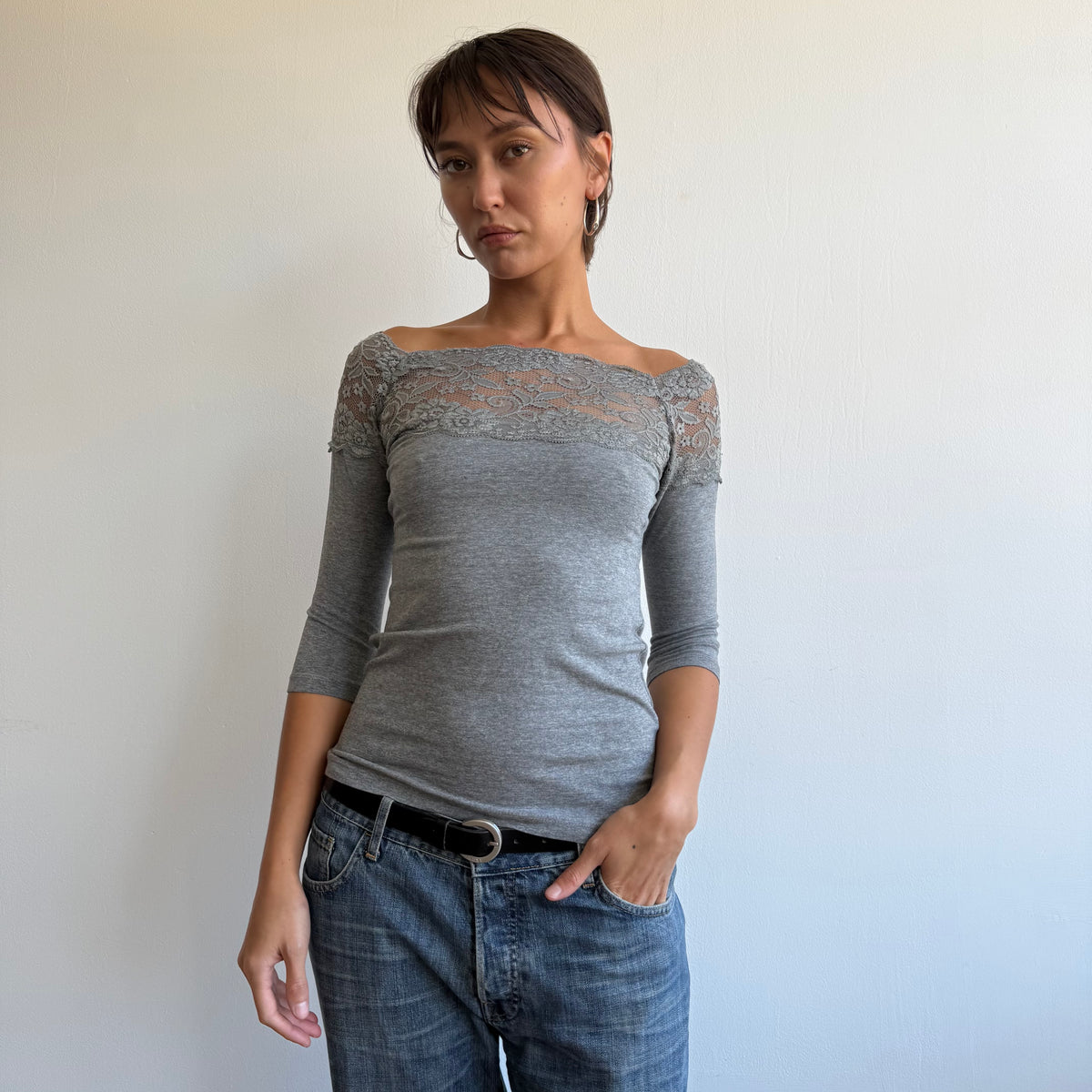 Grey lace bardot 3/4 sleeve top - Size S/M