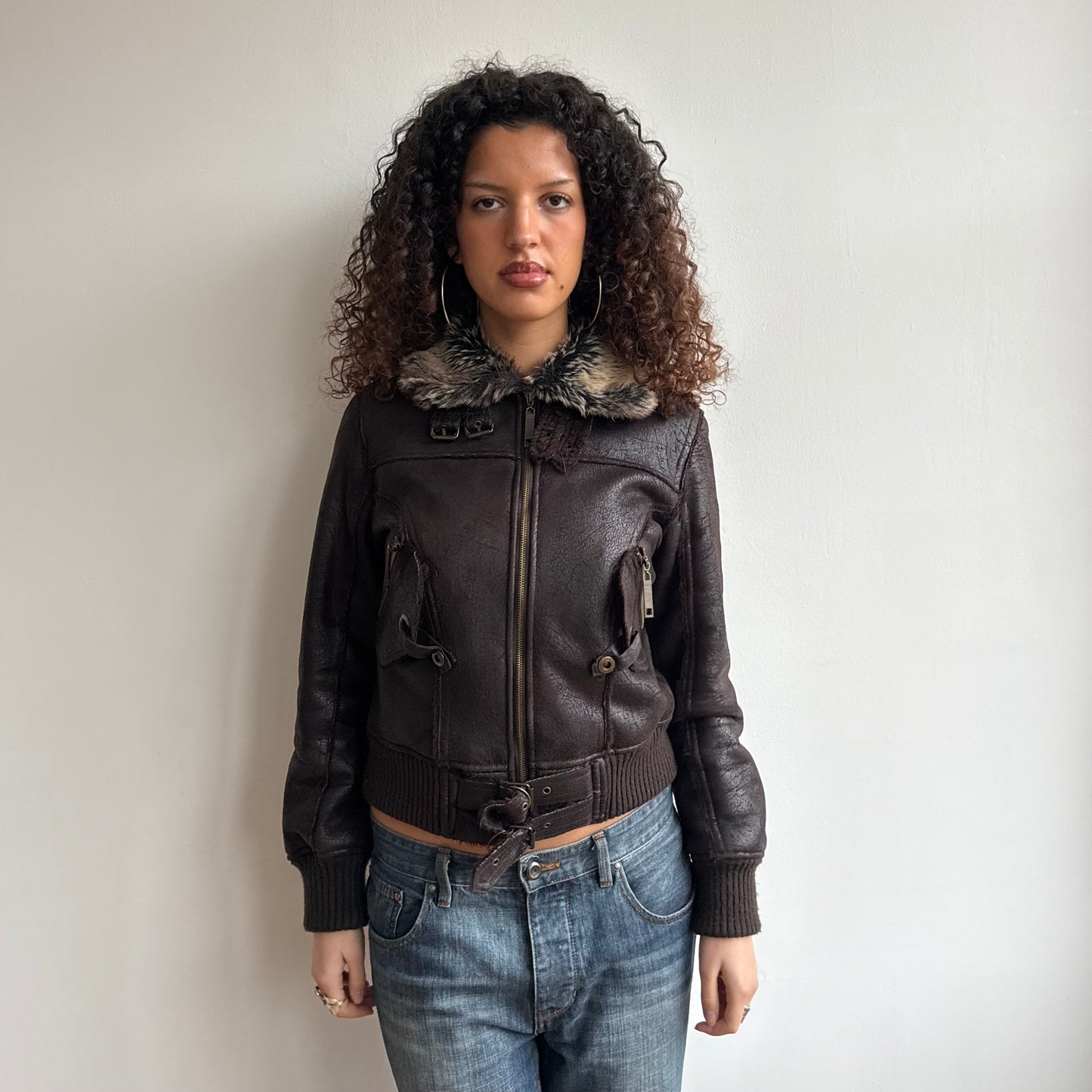 Brown buckle faux suede bomber - Size S