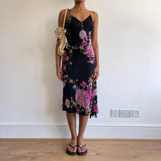 Black and purple floral midi dress - Size S