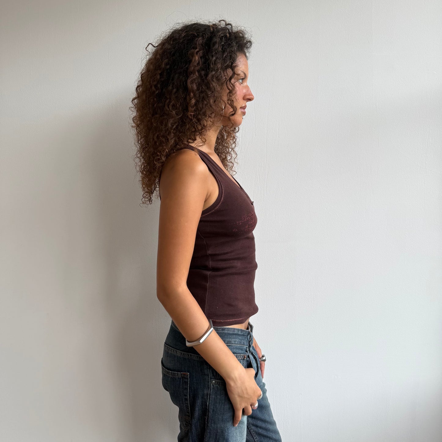 Brown graphic safety pin top - Size S