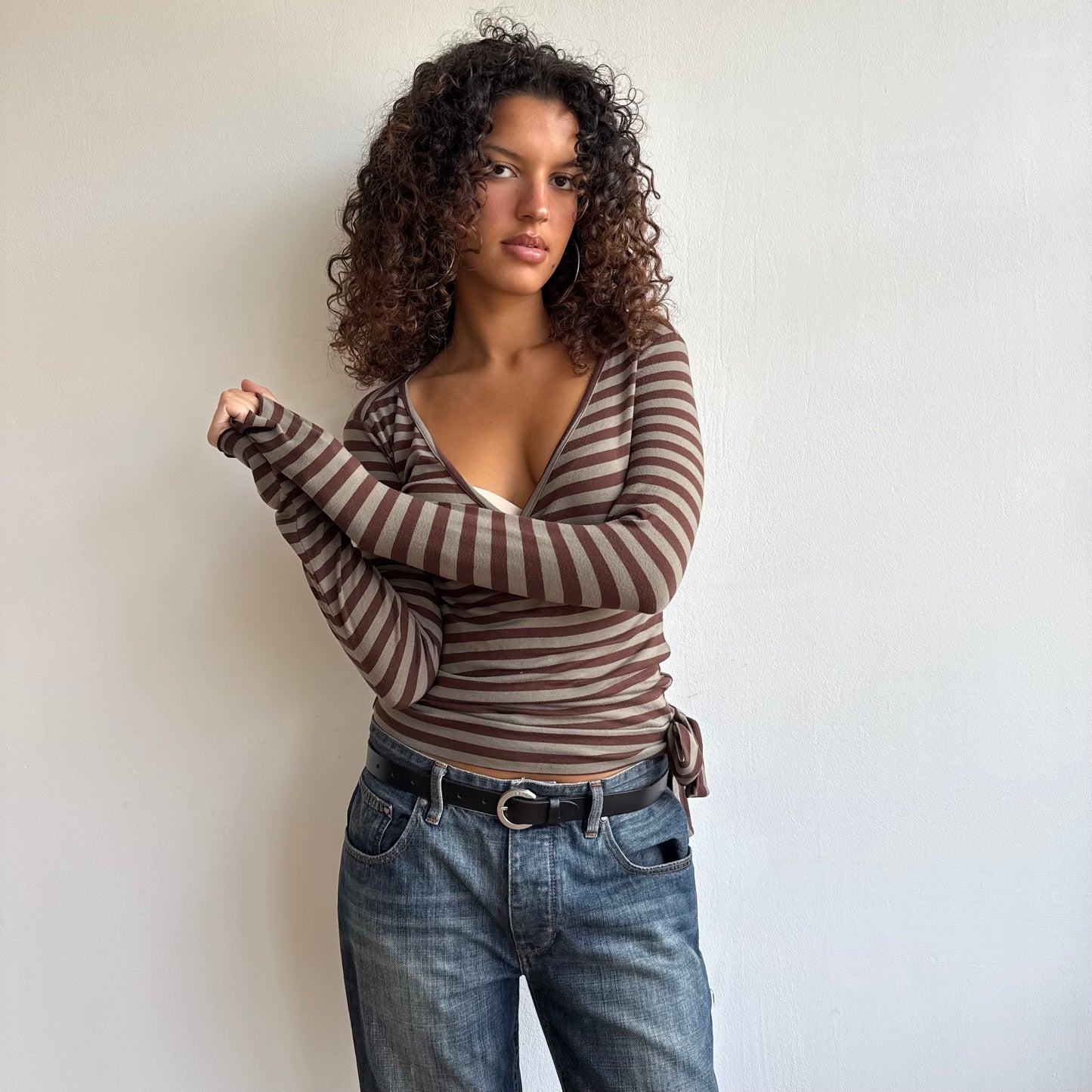 Khaki + brown striped long sleeve top - Size M