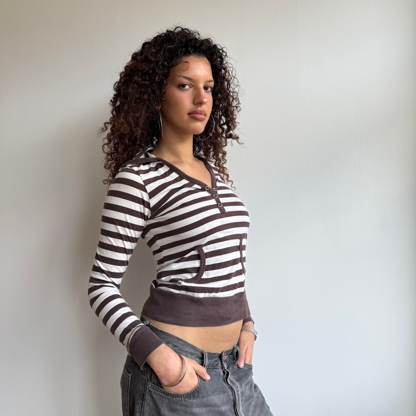 Brown + white striped hooded top - Size S