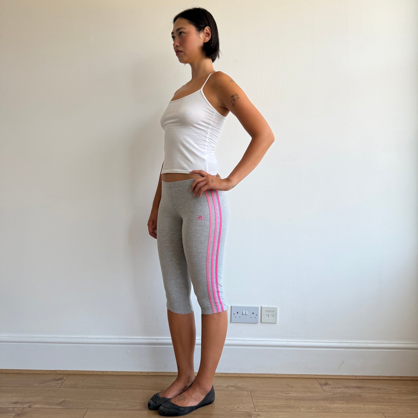 Adidas grey + pink 3 stripe capris - Size XS