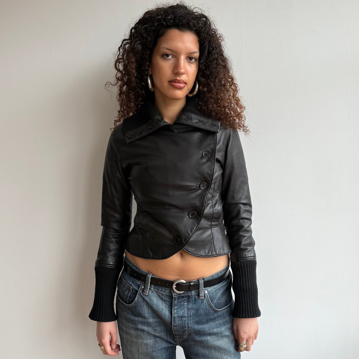 Black leather asymmetric peacoat - Size XS