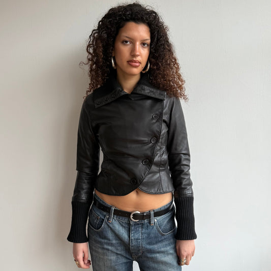 Black leather asymmetric peacoat - Size XS