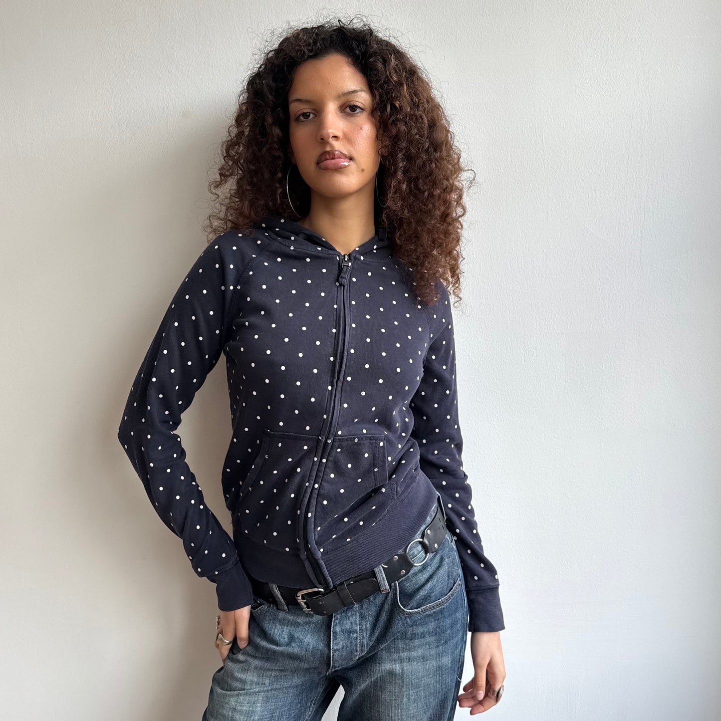 Navy polka dot hoodie - Size S