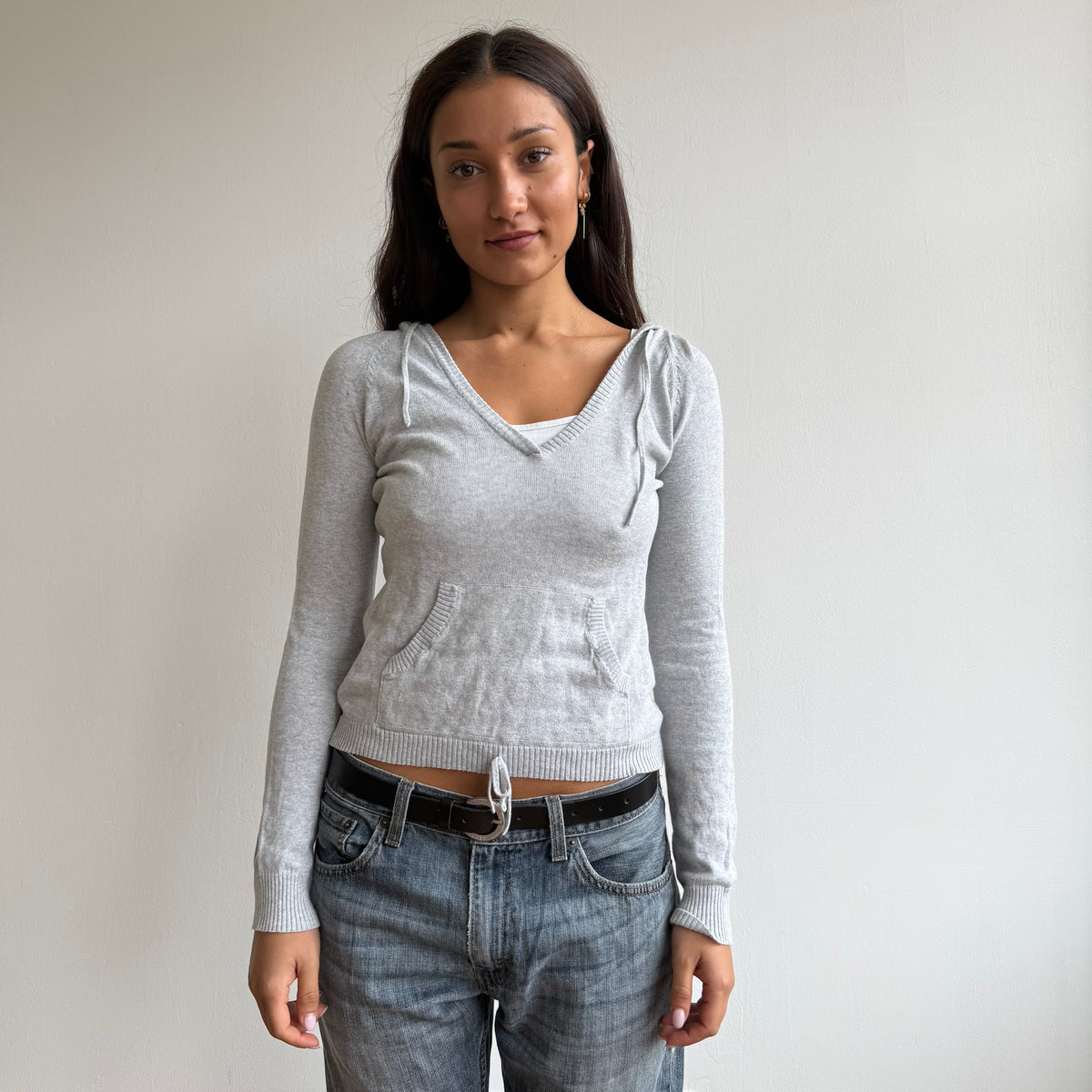 Grey v-neck tie waist hoodie - Size S