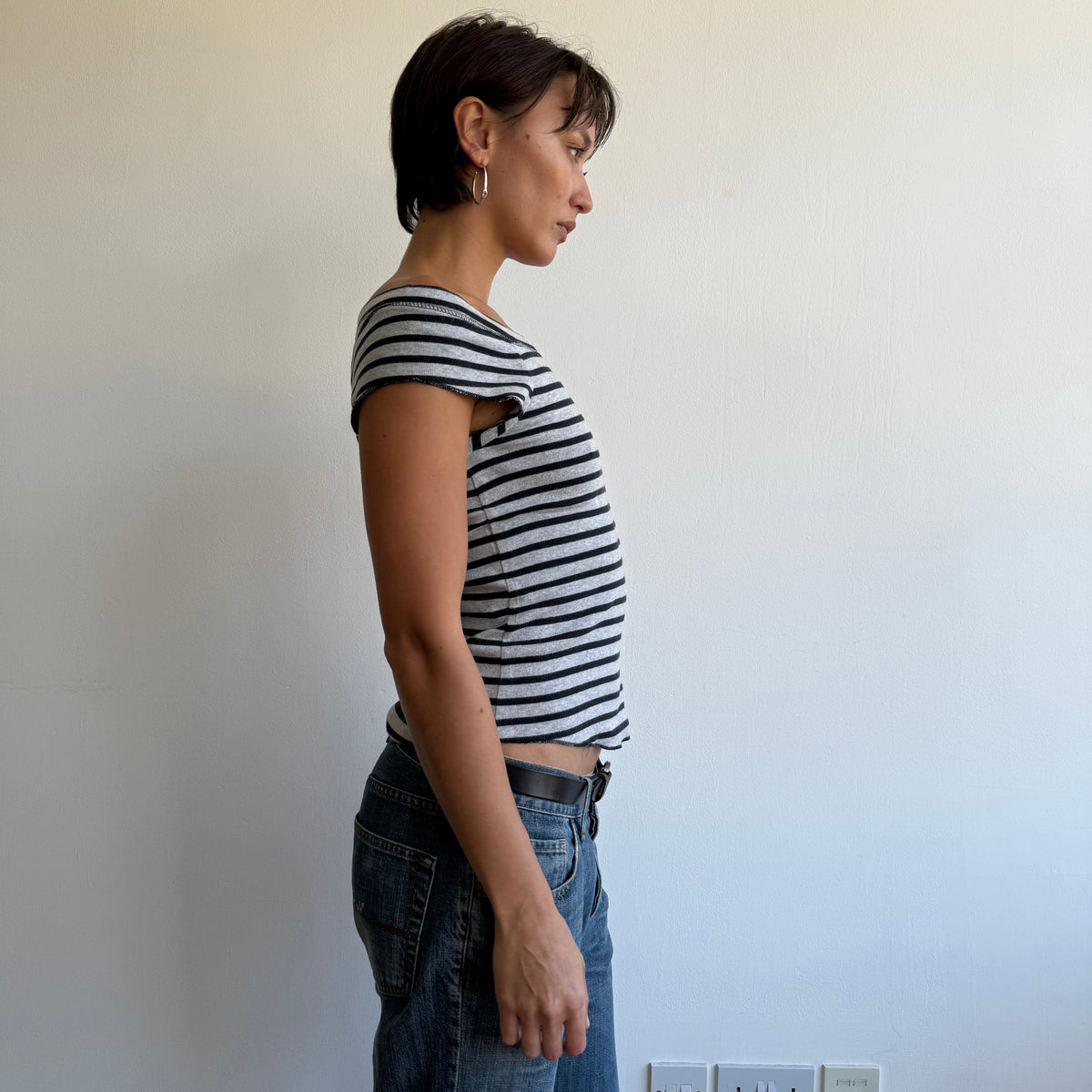 Navy + grey striped top - Size S-M