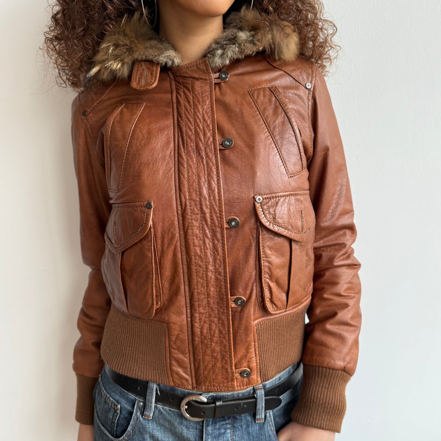 Brown leather real fur bomber - Size M