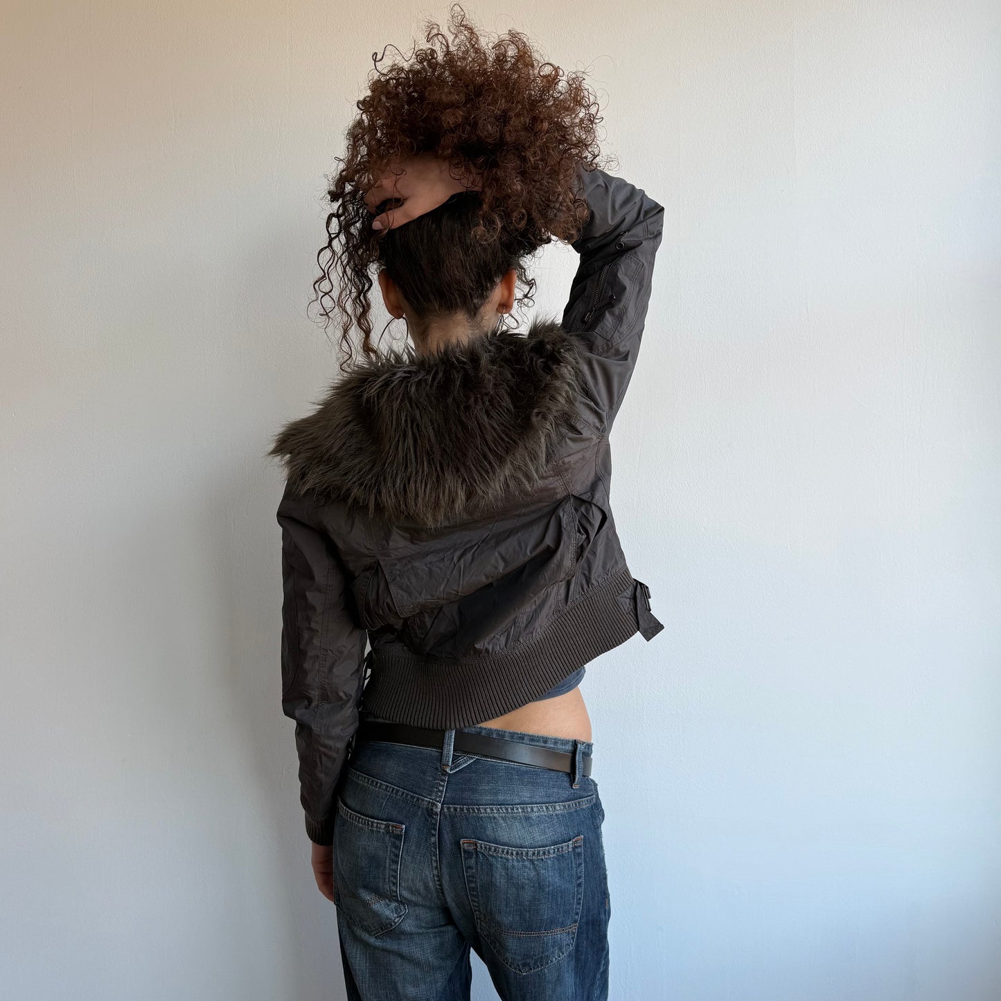 Brown fur collar bomber - Size M