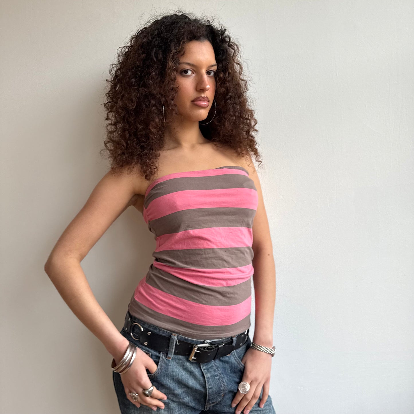 Pink + grey striped bandeau - Size M