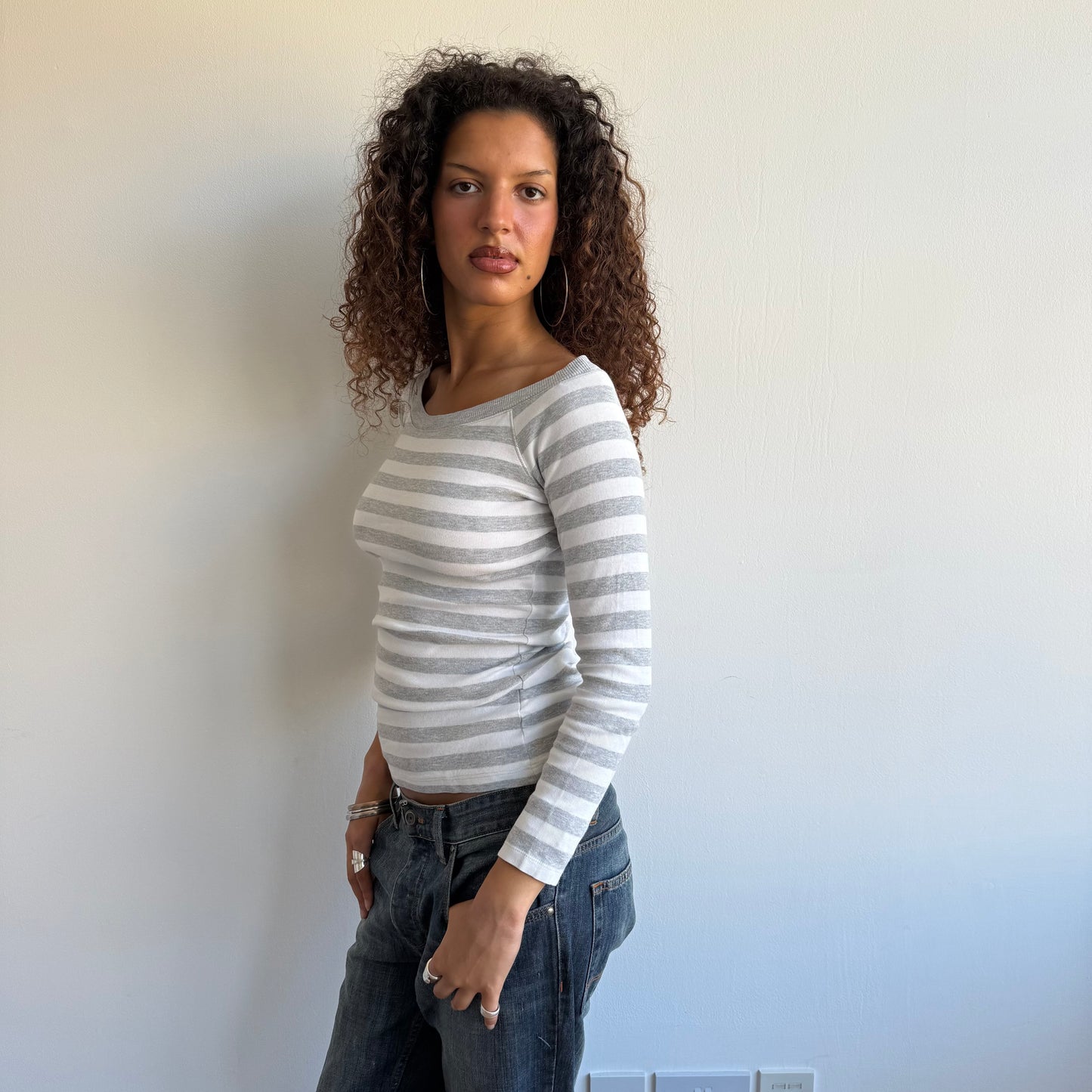 Grey + white striped bardot top - Size S